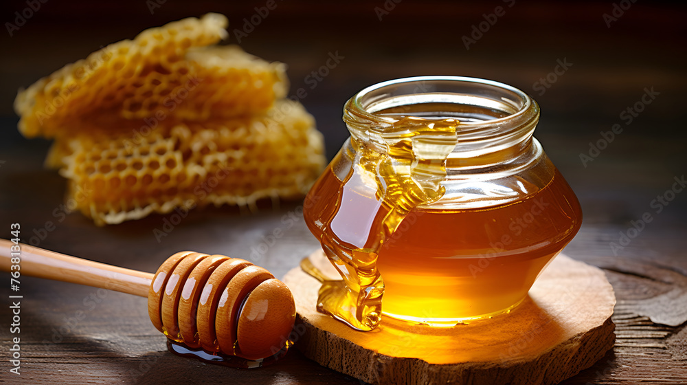 Organic Honey in a Jar with Honeycomb and Wooden Dipper Organic Honey in a Jar with Honeycomb and Wooden Dipper