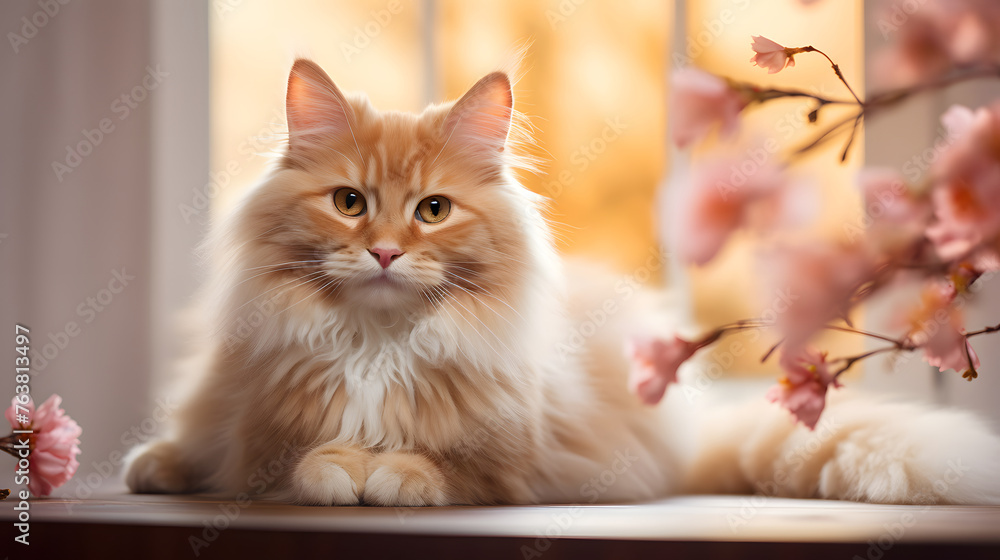 Elegant Ginger Cat with Cherry Blossoms in Soft Light Elegant Ginger Cat with Cherry Blossoms in Soft Light