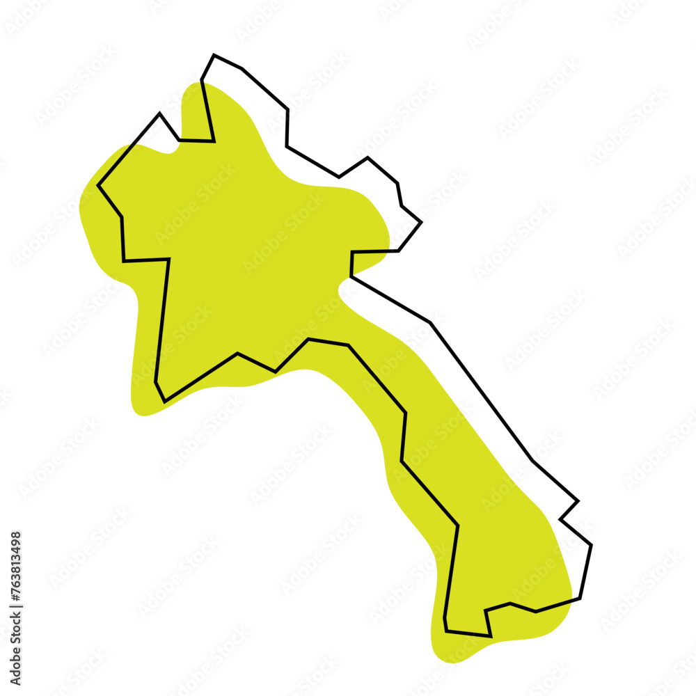 Laos country simplified map. Green silhouette with thin black contour outline isolated on white background. Simple vector icon