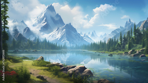 A serene lake surrounded by mountains and forests.