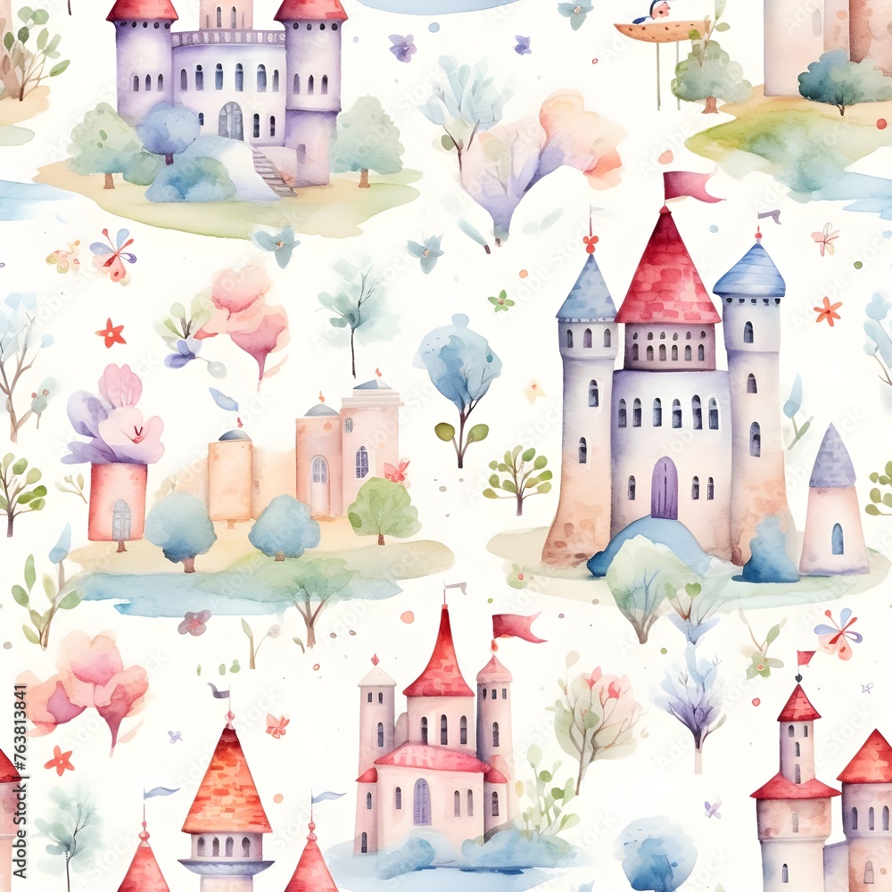 Seamless pattern of cute fairytale watercolor, seamless pattern, watercolour painting, hd image, correct shape