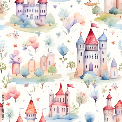Seamless pattern of cute fairytale watercolor, seamless pattern, watercolour painting, hd image, correct shape