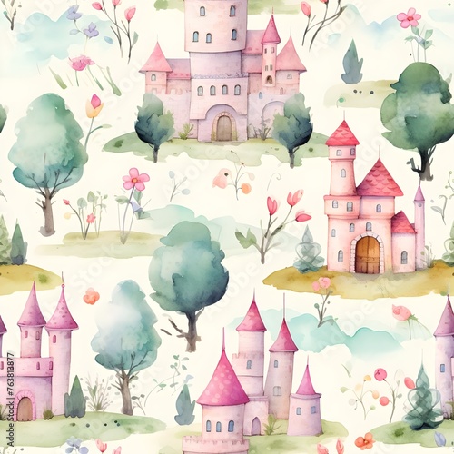 Seamless pattern of cute fairytale watercolor, seamless pattern, watercolour painting, hd image, correct shape