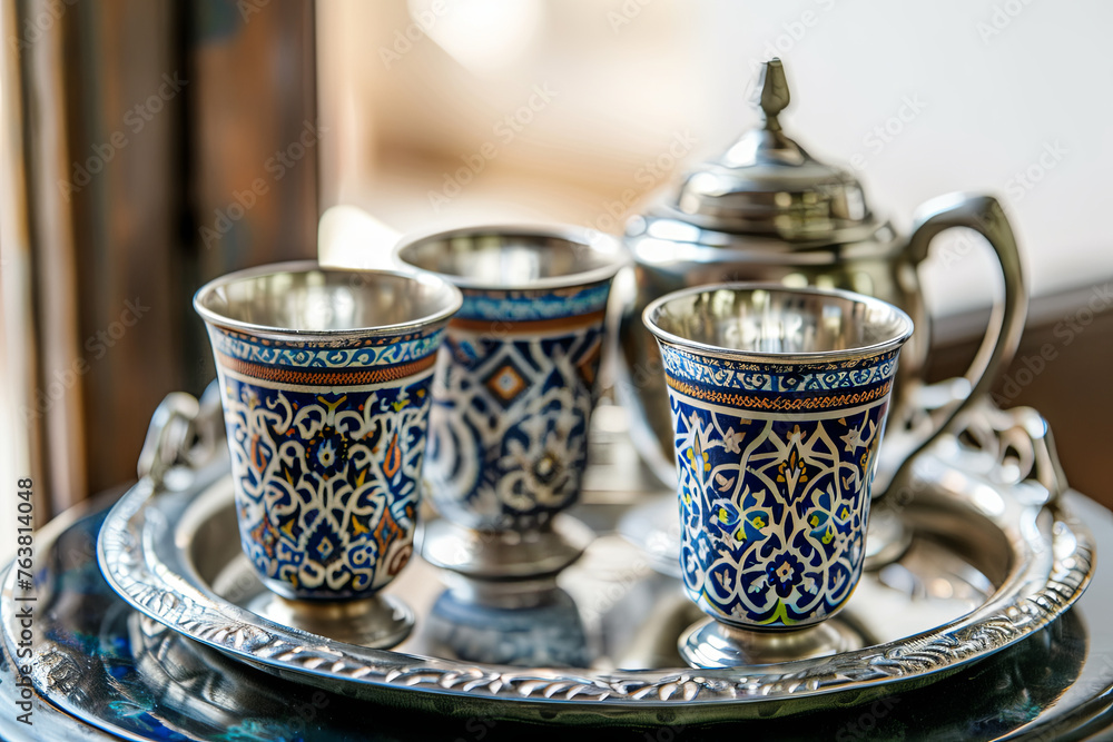 Fototapeta premium Moroccan Tea cups on silver tray with authentic tea pot