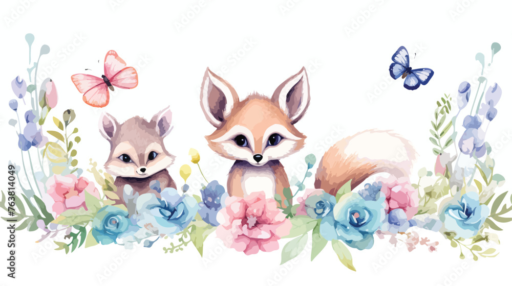 Watercolor floral border and wild animals illustration
