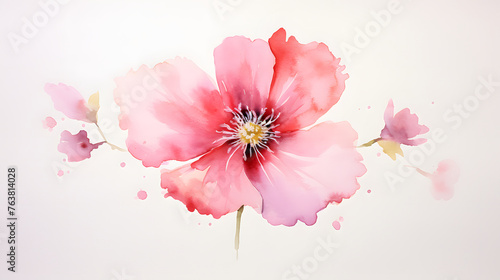 Vibrant Pink Watercolor Flower with Splashes on White Background
