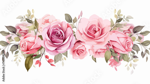 Watercolor romantic rose flowers frame isolated on white