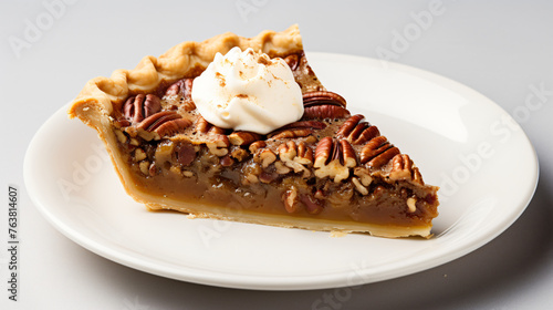A slice of classic pecan pie with a buttery flaky crus