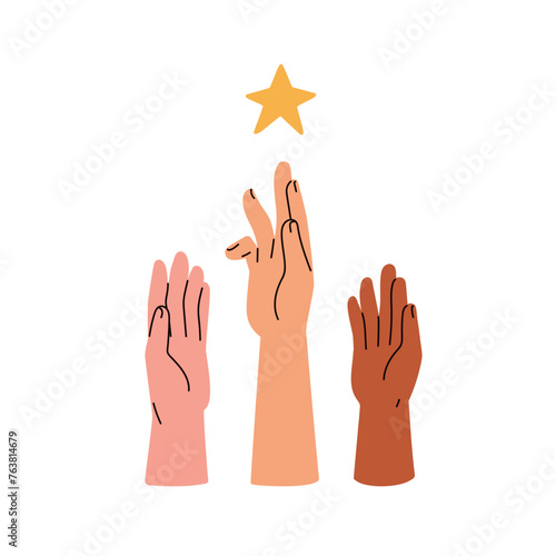 Hands reaching up to star, wishing, aspiring to goal, dream. Aspiration to success, fortune, trophy, prize. Hope, benefit, opportunity concept. Flat vector illustration isolated on white background