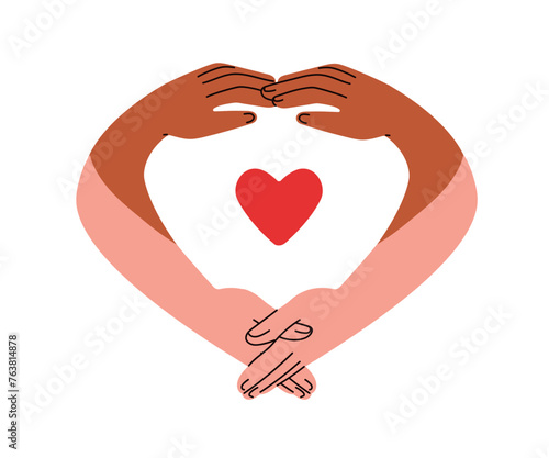 Hands shaping heart form together. Connected arms in unity, trust, love and solidarity. Support, charity, human relationship concept. Flat graphic vector illustration isolated on white background