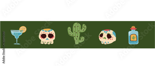 Mexican border of skull  tequila  cactus on green background. Vector illustration can used for greeting card  banners and flyers.