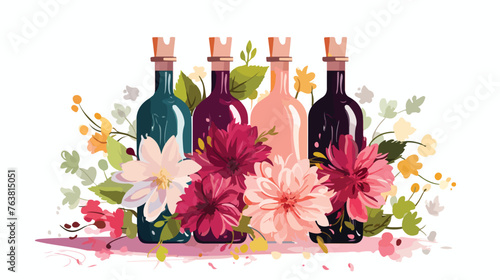 Wine bottles with flowers and corkscrew. Floral arom photo