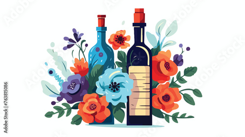 Wine bottles with flowers and corkscrew. Floral arom photo
