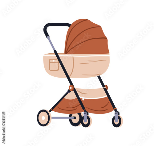 Baby pram, carriage. Kids stroller, pushchair with cradle and canopy, sunshade. Infants transport, trolley, cart for walking, strolling. Flat vector illustration isolated on white background
