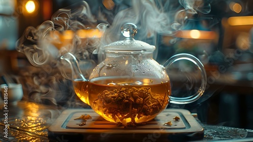 Steaming glass teapot on a cozy evening. warm beverage concept. comfort and relaxation in a cafe setting. enjoying a hot drink. perfect for tea lovers. AI