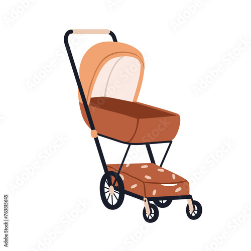 Baby pram. Stroller, buggy pushchair. Kids carriage with storage basket. Empty infants cradle with canopy, sunshade. Newborns transport. Flat vector illustration isolated on white background