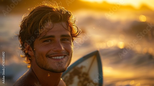 Close-up of a cheerful young surfer, board in hand, during a sunlit ocean evening © victoriazarubina