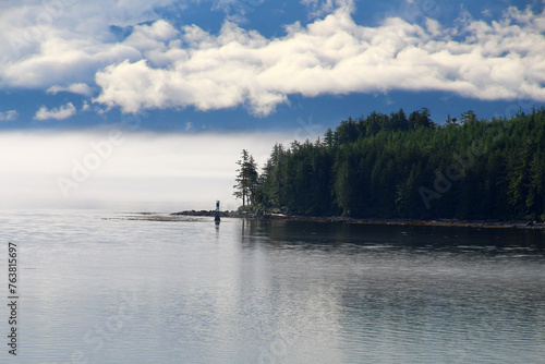 Coastal landscape of Pearse Islands in the morning fog British Columbia, Canada   photo