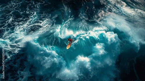 Dynamic aerial perspective of a surfer performing on a towering ocean wave. © victoriazarubina