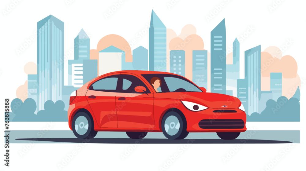Young woman driving a red car on city background. Ve