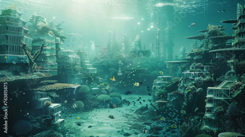underwater world, A futuristic underwater cityscape with advanced architecture and marine life 