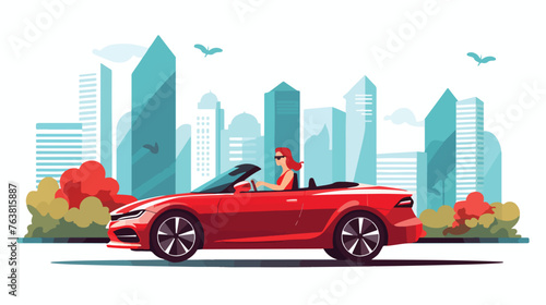 Young woman driving a red car on city background. Ve