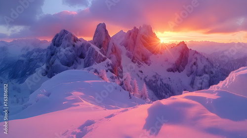 Sunset in Snow Mountains, International Mountains Day, Generative Ai