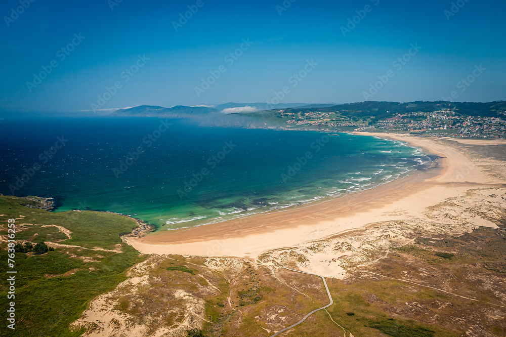 Aerial View over Valdoviño Beach, Galicia, Province of A Coruña, Spain