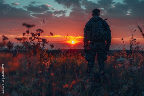 Man Standing in Field at Sunset