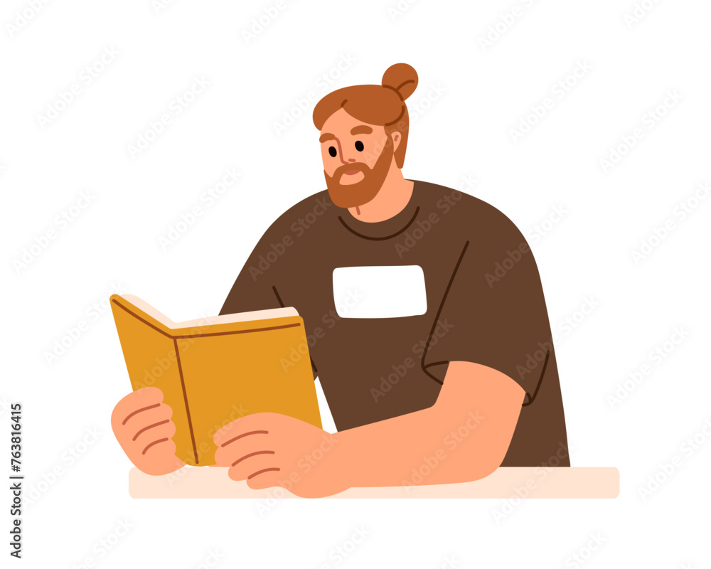 Man reading paper book, holding novel in hand. Student sitting at library desk, studying, learning. Reader at leisure time with literature. Flat vector illustration isolated on white background Man reading paper book, holding novel in hand. Student sitting at library desk, studying, learning. Reader at leisure time with literature. Flat vector illustration isolated on white background