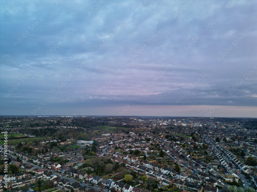 Aerial View of Residential Homes During Orange Sunset over England UK