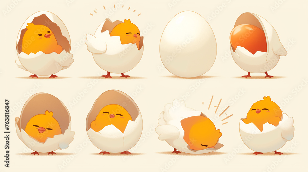 Playful illustration features a sunny side up egg with a shiny yolk next to a smiling cracked eggshell, evoking a sense of breakfast fun.