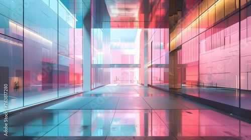 Futuristic corridor with vibrant neon lights and sleek design. a modern architectural space with reflective surfaces. ideal for sci-fi backgrounds. AI