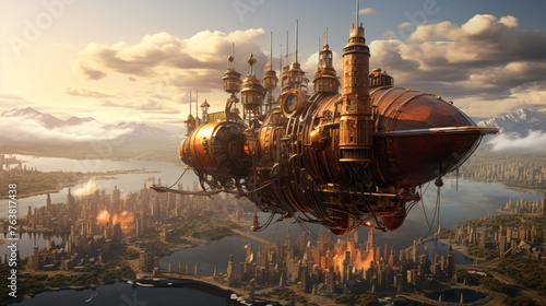 A steampunk airship floating above a city skyline. © franklin