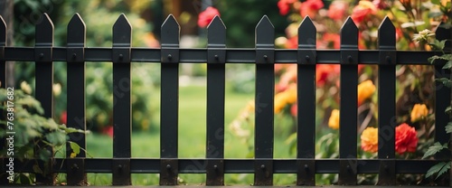 A black metal picket fence on the side of the garden from Generative AI photo