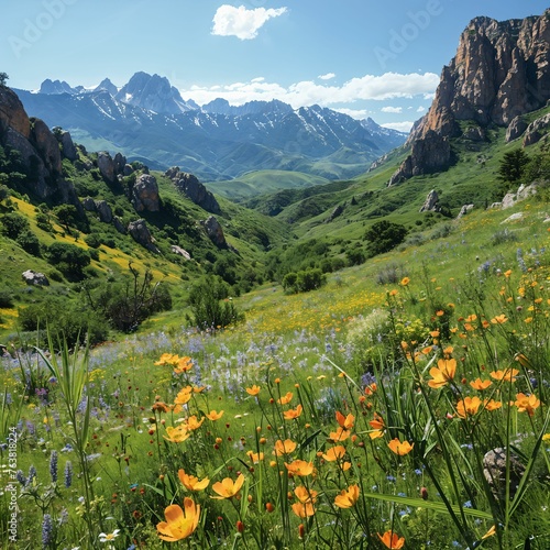 A panoramic view of a lush green valley  dotted with wildflowers  nestled between towering mountain ranges under a clear blue sky