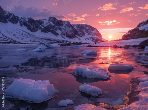 A serene glacial landscape  showcasing a vibrant sunrise over a pristine glacier  surrounded by rugged terrain and wildlife
