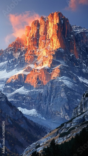 Rugged mountain face illuminated by the setting sun, highlighting the textures and layers of geological history