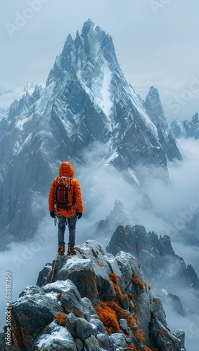 Imposing craggy peaks piercing through misty clouds, with a lone climber ascending towards the summit, embodying adventure