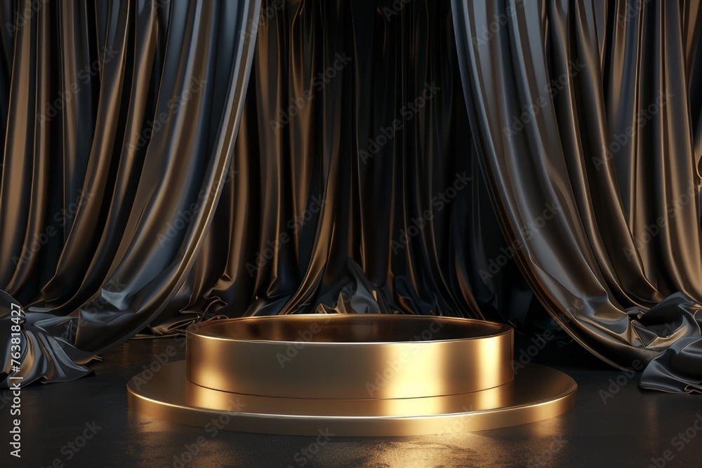 Golden pedestal with black cloth background It is a luxurious stage for presentations and award ceremonies.