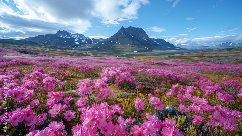A dynamic scene of a mountainous tundra in bloom, showcasing the stark contrast between cold climate and the resilience of nature A dynamic scene of a mountainous tundra in bloom, showcasing the stark contrast between cold climate and the resilience of nature