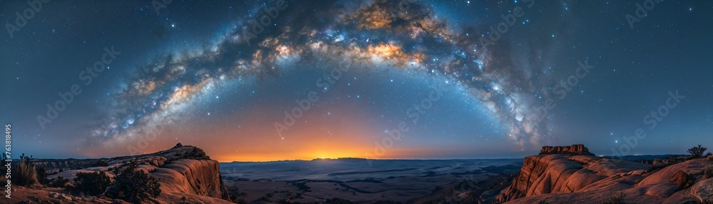 An ethereal night scene on a secluded mountain plateau, with a clear view of the Milky Way arching over the rugged landscape