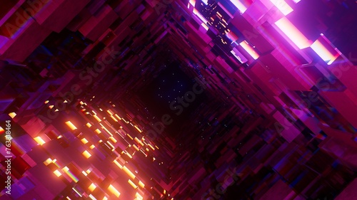 3d illustration Abstract composition of cubes in neon light with reflections
