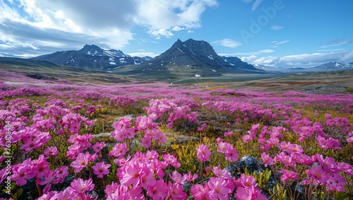 A dynamic scene of a mountainous tundra in bloom, showcasing the stark contrast between cold climate and the resilience of nature