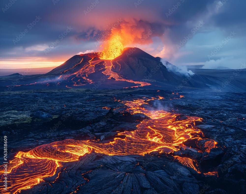 A dramatic scene of a volcano erupting at dusk, casting a fiery glow over the surrounding landscape, illustrating natures raw power