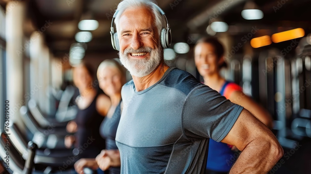 Smiling senior man with headphones standing in gym, women in background. Smiling senior man with headphones standing in gym, women in background.