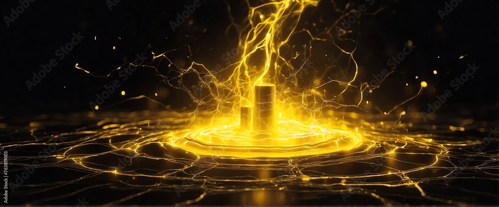 Yellow pure energy with electrical electricity plasma power fusion on plain black background from Generative AI - obrazy, fototapety, plakaty 