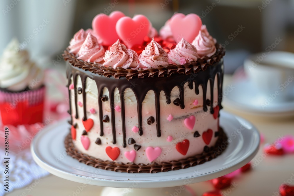 Love is Sweet: Beautiful Valentine Cake with Nubes and Chocolate Drizzle top view dessert concept Love is Sweet: Beautiful Valentine Cake with Nubes and Chocolate Drizzle top view dessert concept