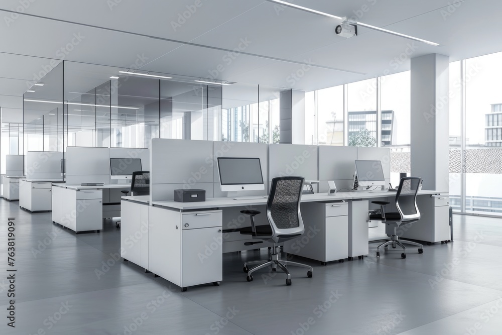 Modern Minimalist Workstations in Open Office. White and Grey Corporate Space with Empty Refurbished Desk Stations