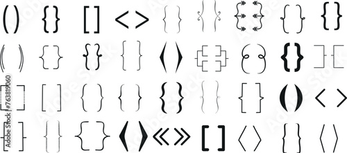 essential bracket symbols in various styles, Black braces symbols,brackets, curly, square, angle bracket, perfect for coding, design, web development, apps, software. 